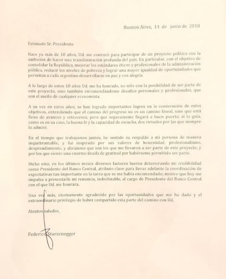 La carta de renuncia de Federico Sturzenegger • Canal C