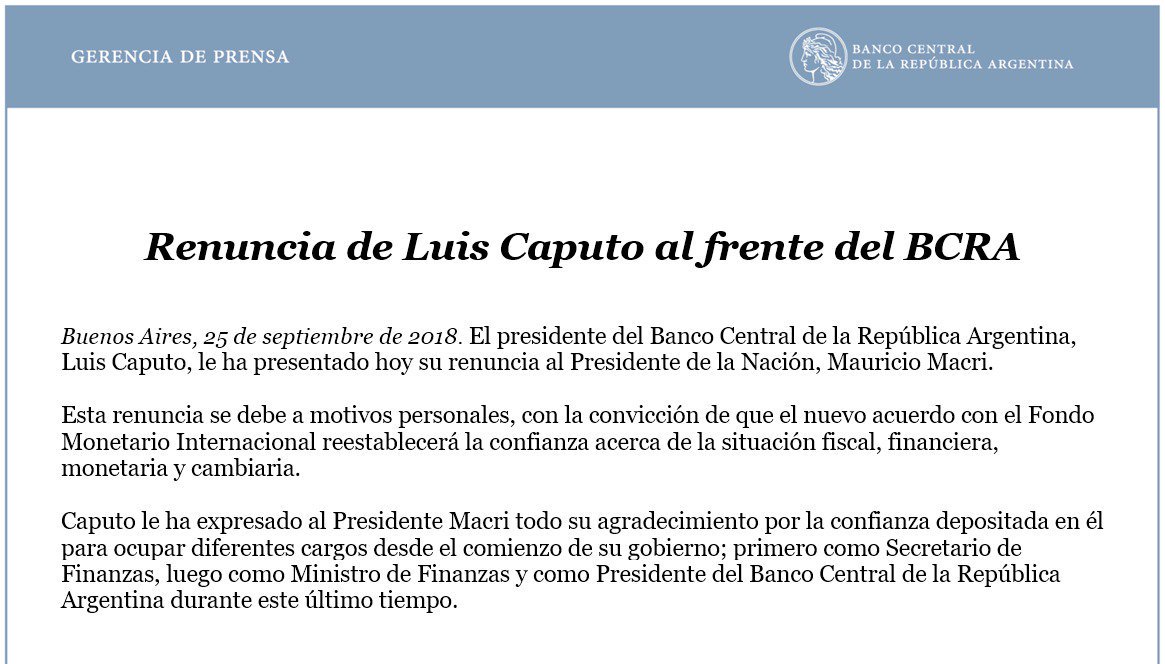 Caputo renunció a la presidencia del Banco Central • Canal C