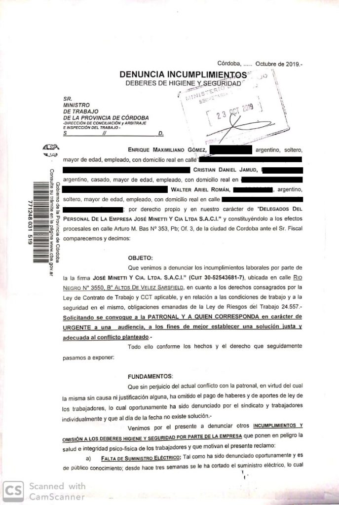 Trabajadores de Minetti presentaron una denuncia contra la firma • Canal C