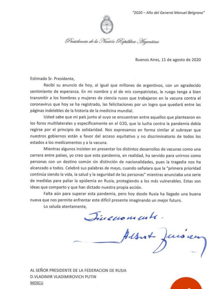 Fernández felicitó al presidente de Rusia por la vacuna contra el Covid-19 • Canal C