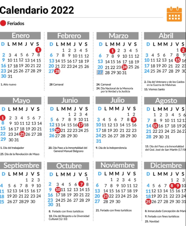 Así será el cronograma de feriados nacionales para 2022 • Canal C