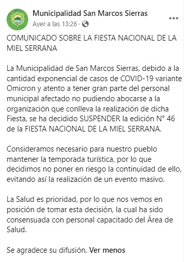 Otro más: San Marcos Sierras suspende la Fiesta de la Miel Serrana • Canal C