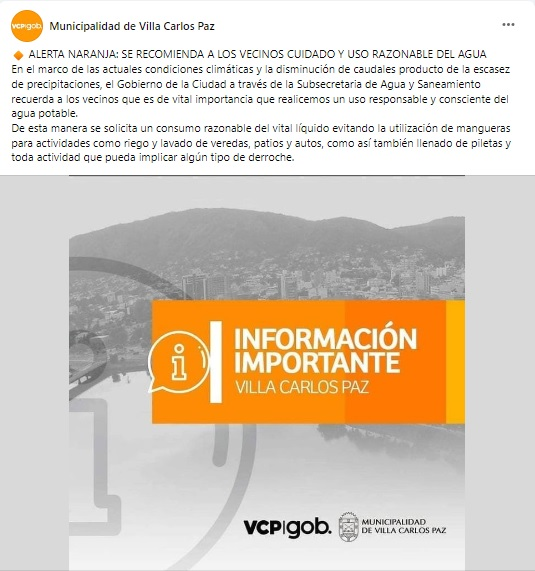 Villa Carlos Paz decretó "alerta naranja" ante la crisis hídrica • Canal C