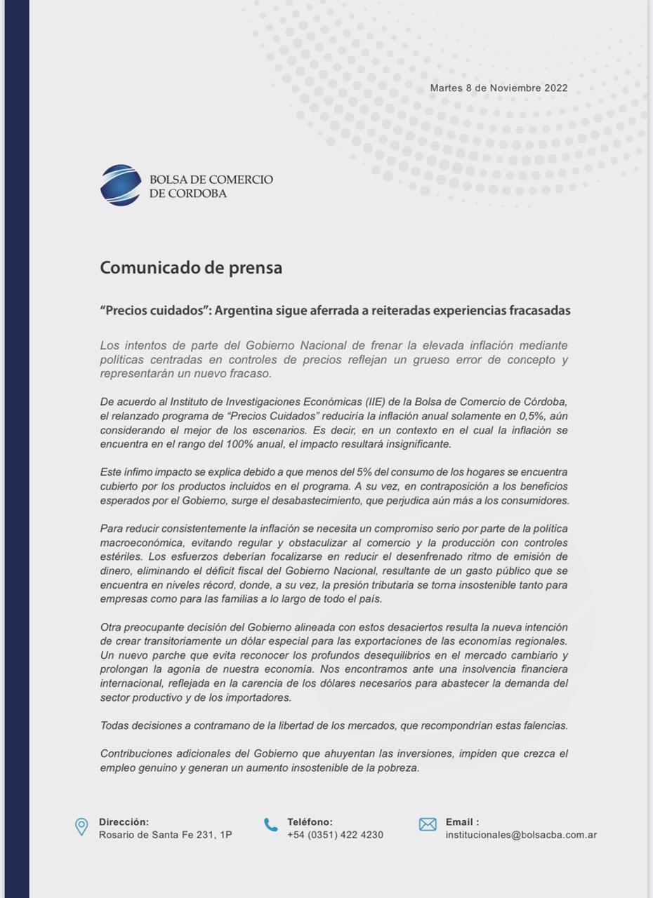 La Bolsa de Comercio de Córdoba emitió un duro comunicado en contra de los precios cuidados • Canal C