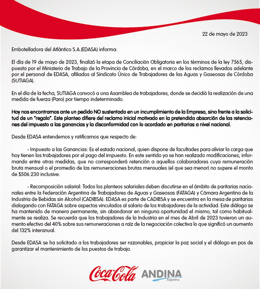 Paro en la planta de Coca Cola-Córdoba: reclaman un bono extraordinario de $425 mil • Canal C