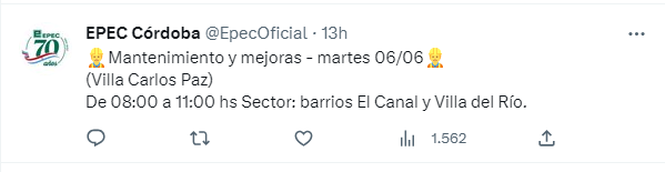 Epec anuncia cortes programados en Villa Carlos Paz • Canal C