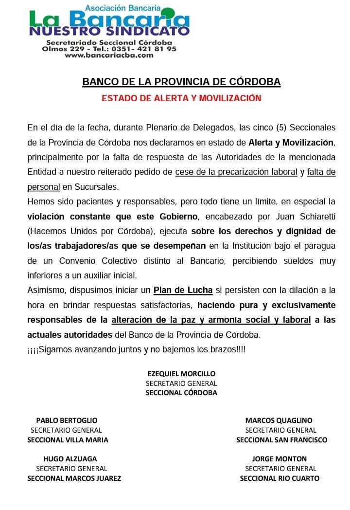 Bancarios de Córdoba se declaran en "estado de alerta" • Canal C