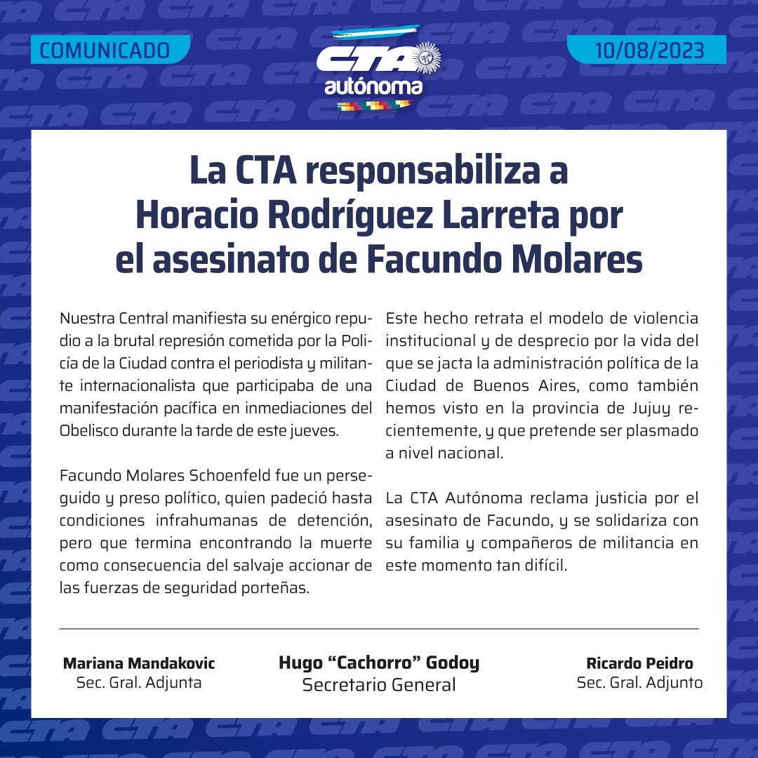 La CTA responsabiliza a Larreta por el asesinato de Facundo Molares • Canal C