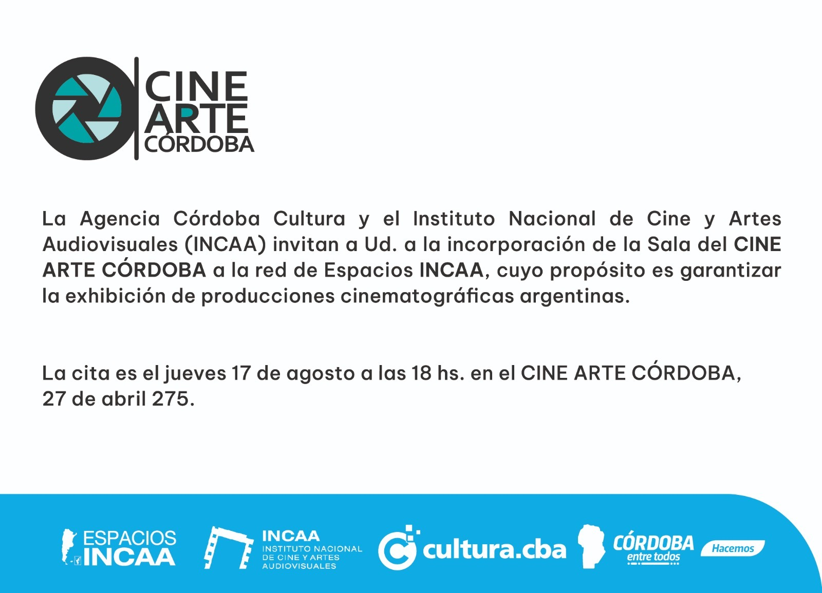 La Sala del Cine Arte Córdoba se incorpora a la red de Espacios INCAA • Canal C