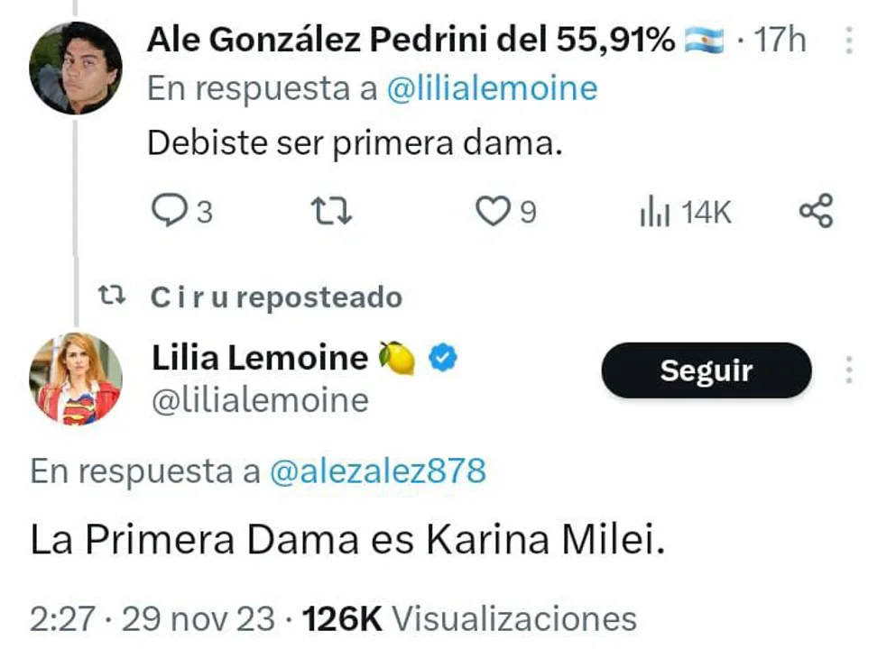 ¿Y Fátima? Según Lilia Lemoine, la primera dama es Karina Milei • Canal C