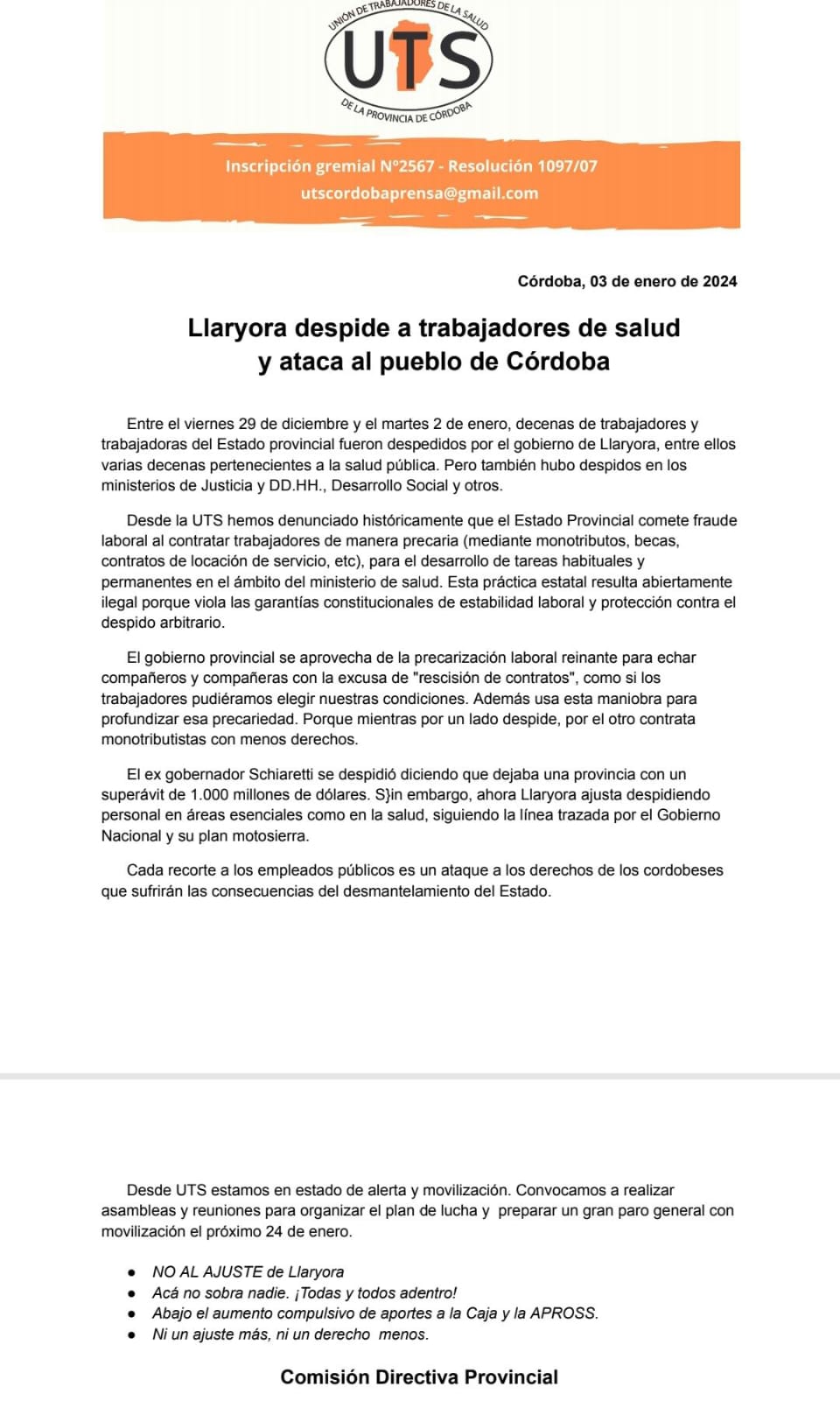 La UTS en contra de Llaryora: convocan a un paro por la no renovación de contratos de salud • Canal C