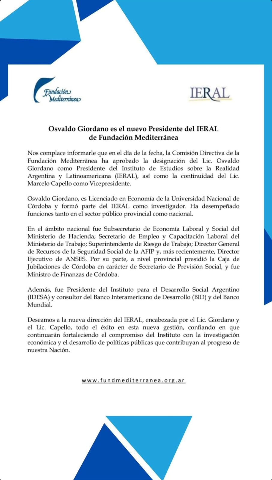 Osvaldo Giordano presidirá el IERAL de la Fundación Mediterránea • Canal C