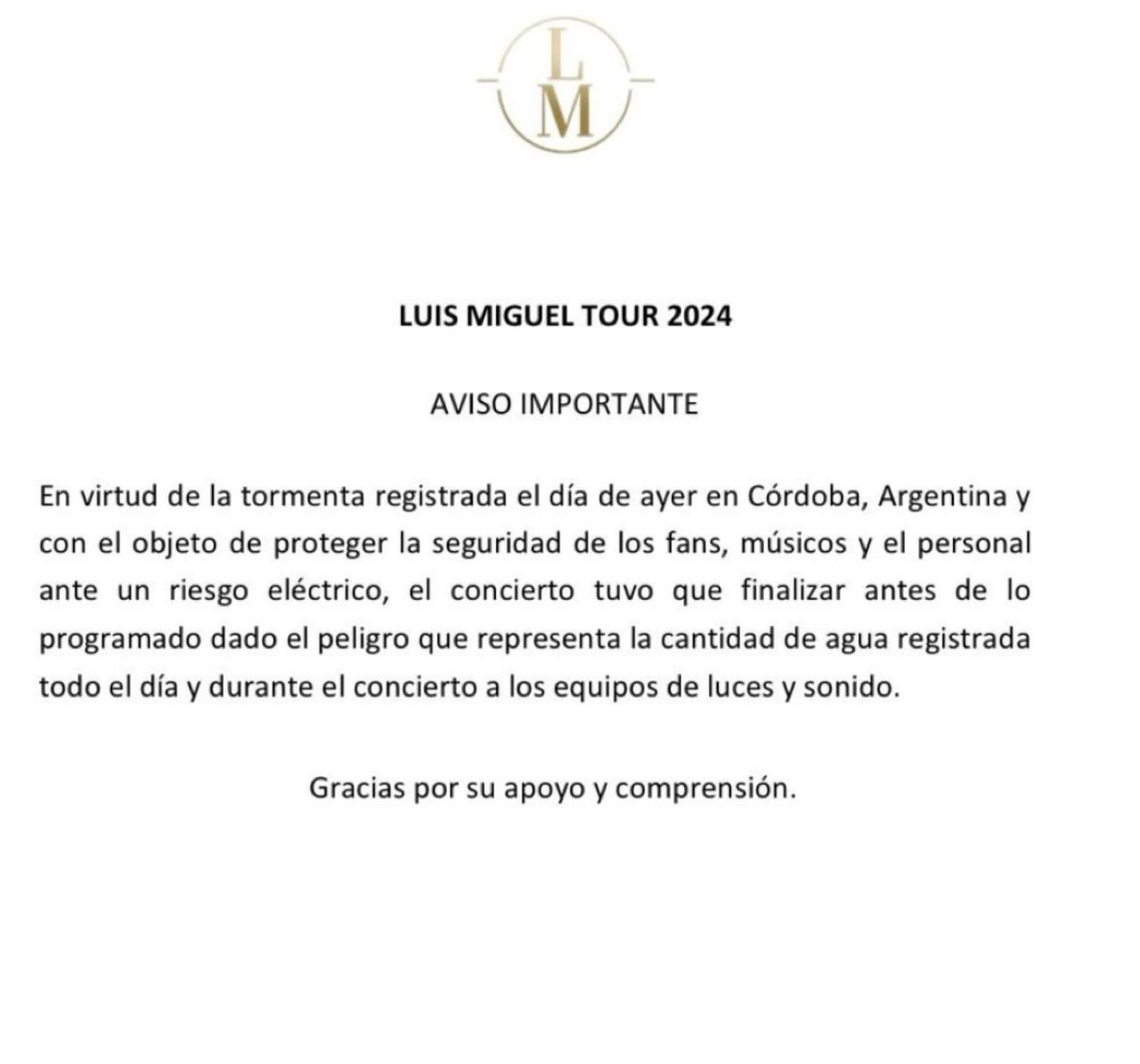 Luis Miguel rompió el silencio luego de su breve show en Córdoba • Canal C