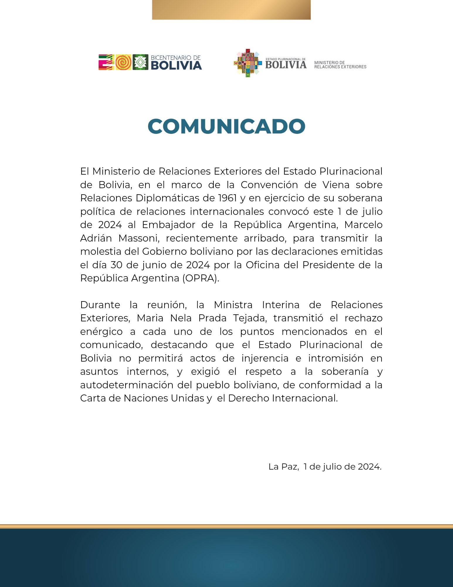Bolivia retiró a su embajador en Buenos Aires • Canal C