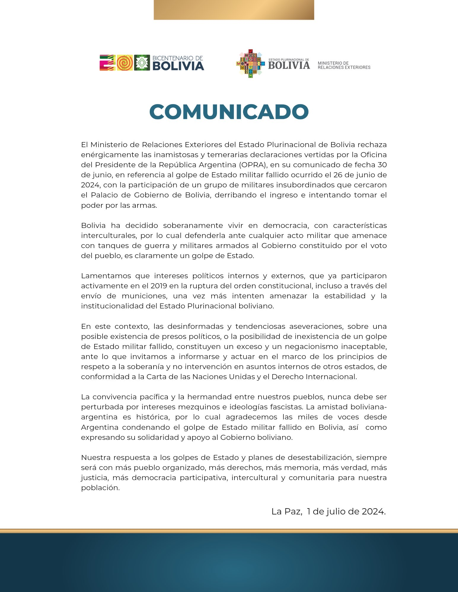 Bolivia retiró a su embajador en Buenos Aires • Canal C